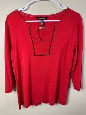 Ellen Tracy Women’s Medium Red Tunic Top Split Neck 3/4 Sleeve Contrast Trim